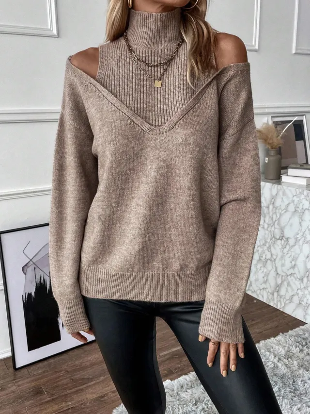 Off the shoulder Half Turtleneck Solid Color Thread Temperament Leisure Sweater Khaki - Shop at LoveMi