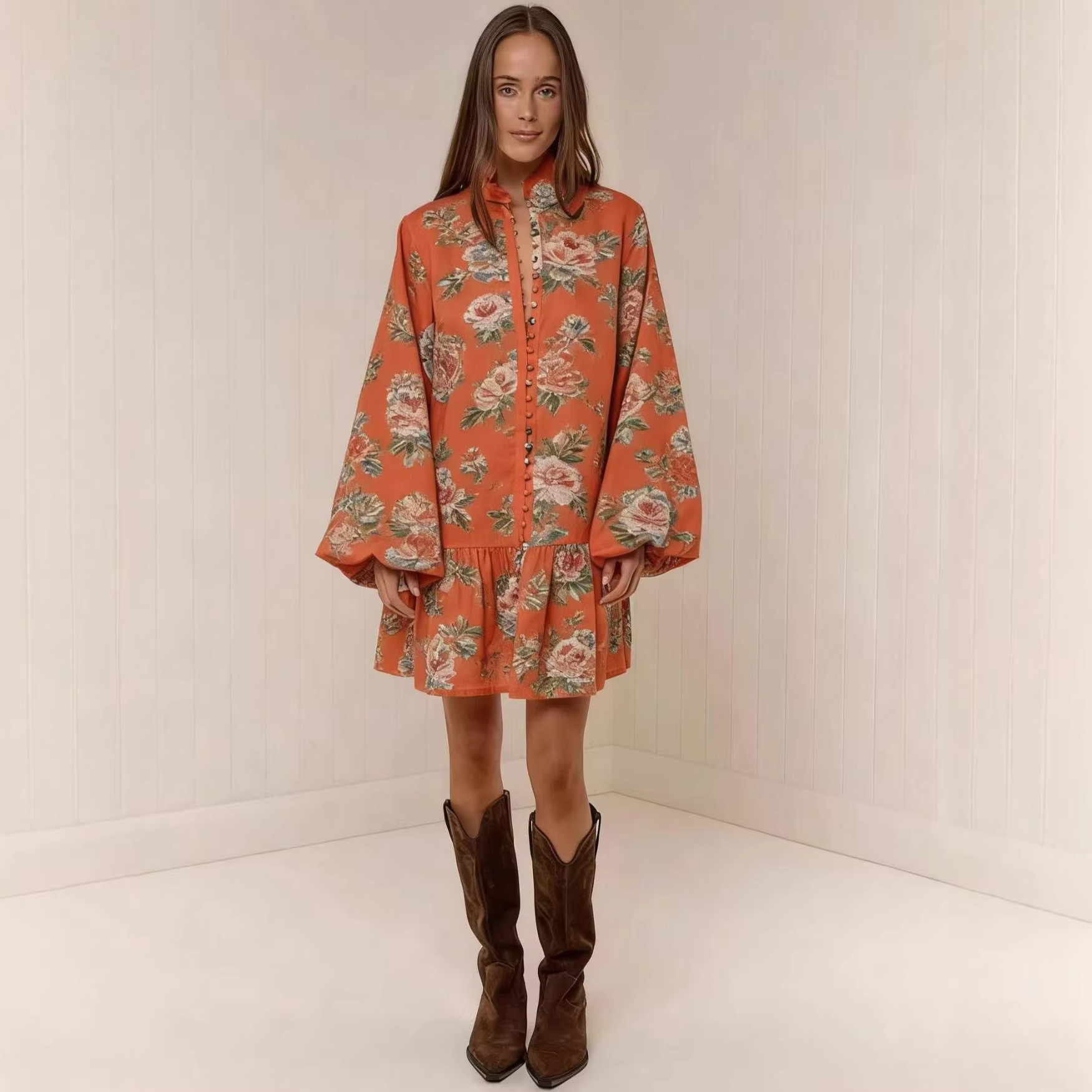 Digital-print Lantern Sleeve Linen Midi Dress