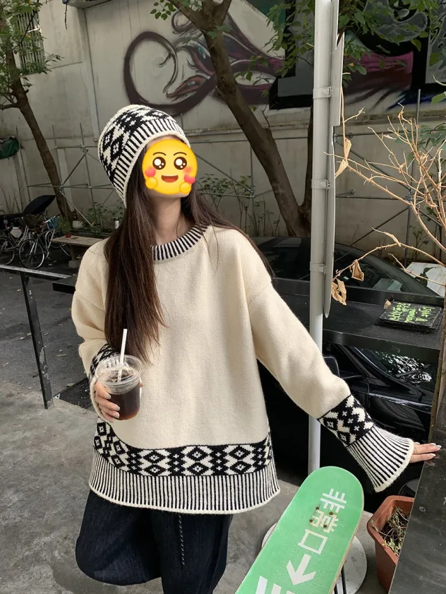 Women's Korean style Loose Casual Round Neck Brocade Sweater Apricot - Shop at LoveMi