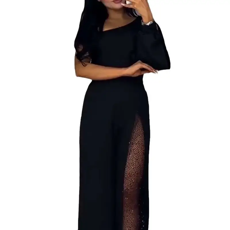 Fall Winter Fashion Sexy Oblique Shoulder High Slit Women's Jumpsuit
