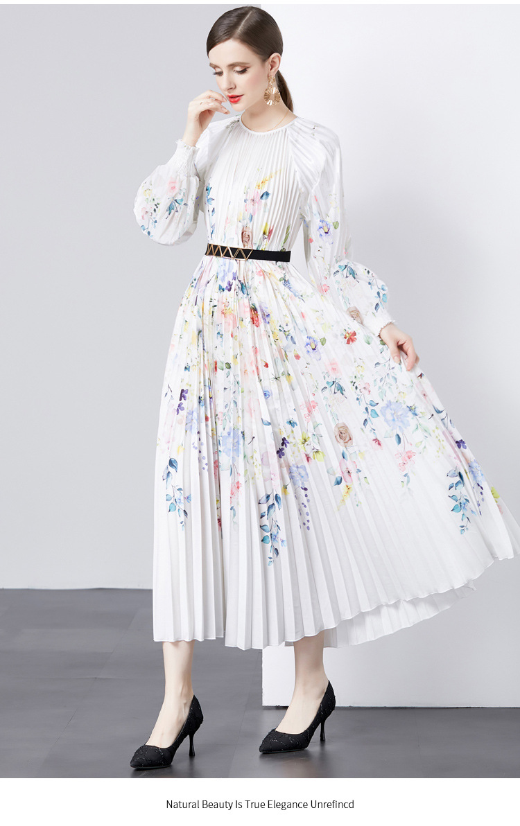 Women's Fashion Vintage Printed Round Neck Long Sleeve Dress - Image 5