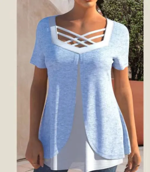 Women's Casual Print And Color shifting Plus Size Short Sleeve Sky Blue - Shop at LoveMi