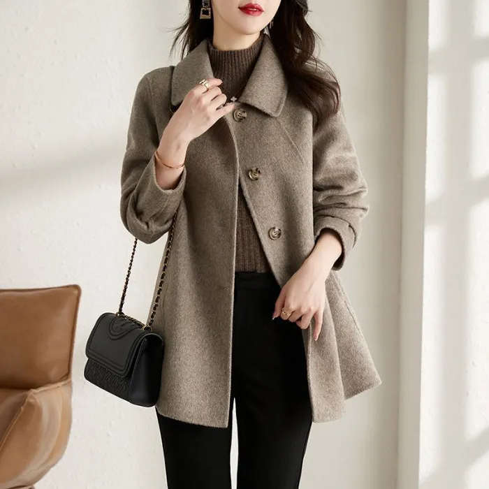 Fashion Lapel Mid-length Coat For Women - Oatmeal Color-2Xl