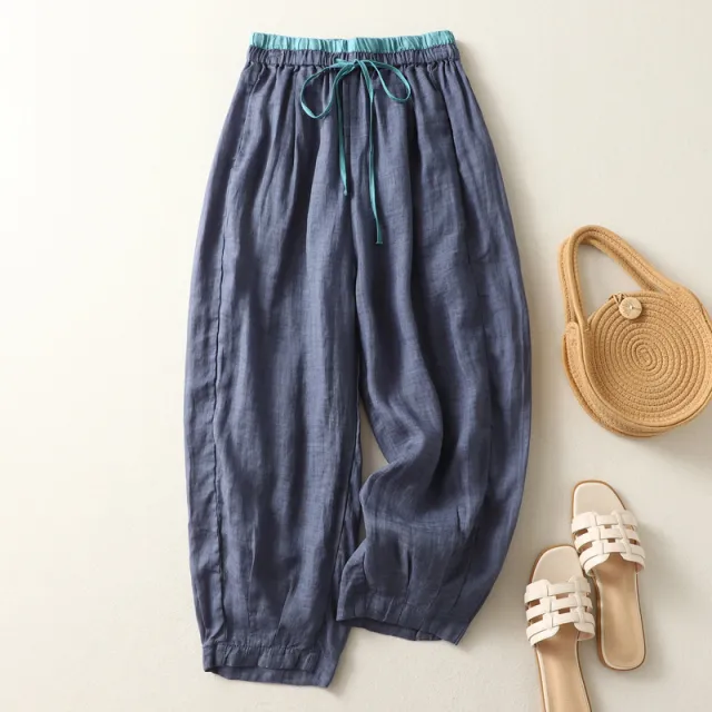 Women's Retro Artistic Loose Slimming Ramie Harem Pants Dark Blue - Shop at LoveMi