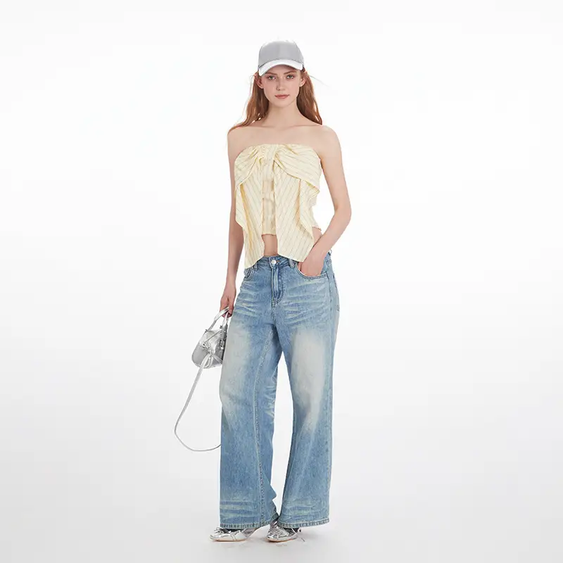 Striped Strapless Tube Top with Bow Detail