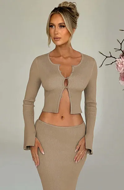 Short Long Sleeve Cardigan Top Split Skirt Suit Women Khaki - Shop at LoveMi