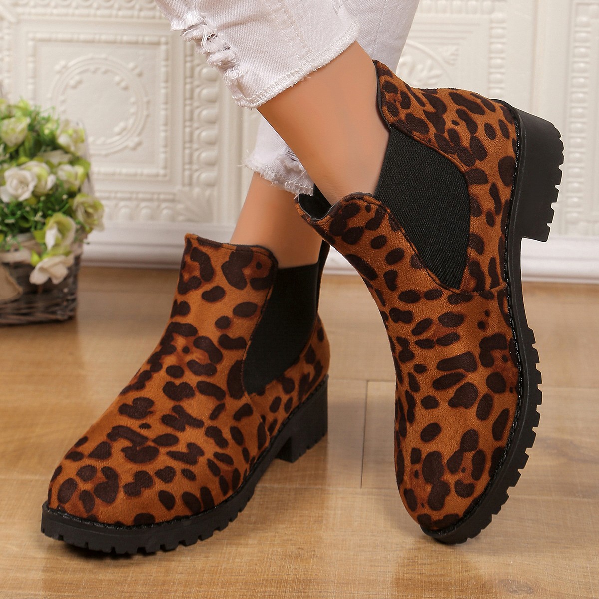 New Autumn Mid-Heel Leopard-Print Casual Womens Boots