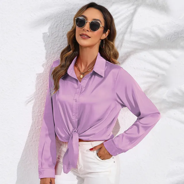 Women's Solid Color Satin Satin Long Sleeve Blouse Violet Xxl - Shop at LoveMi