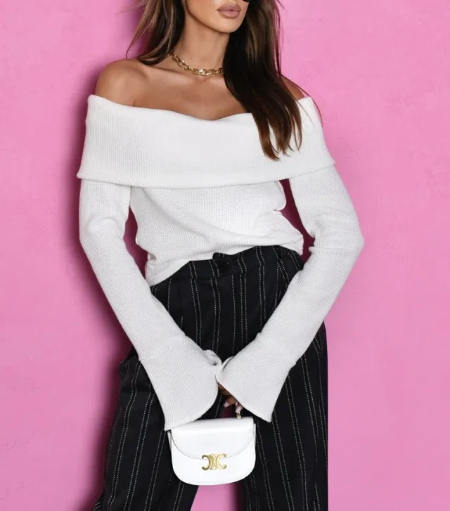 Women's Patchwork Off shoulder Knitted Top White - Shop at LoveMi