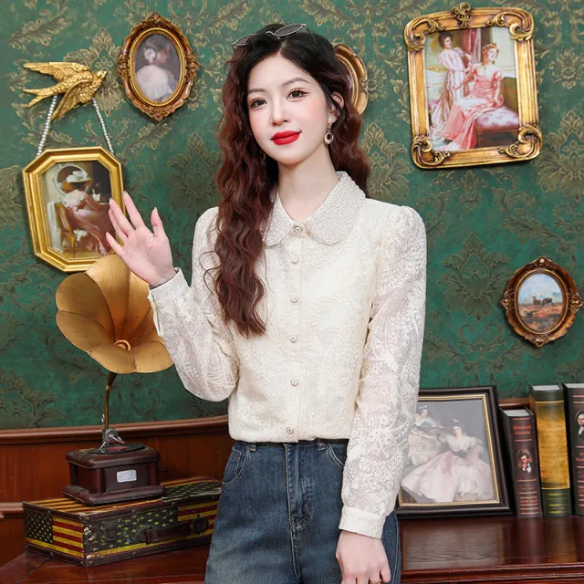 French Style Socialite Style Western Style Hollow Lace Shirt Apricot - Shop at LoveMi