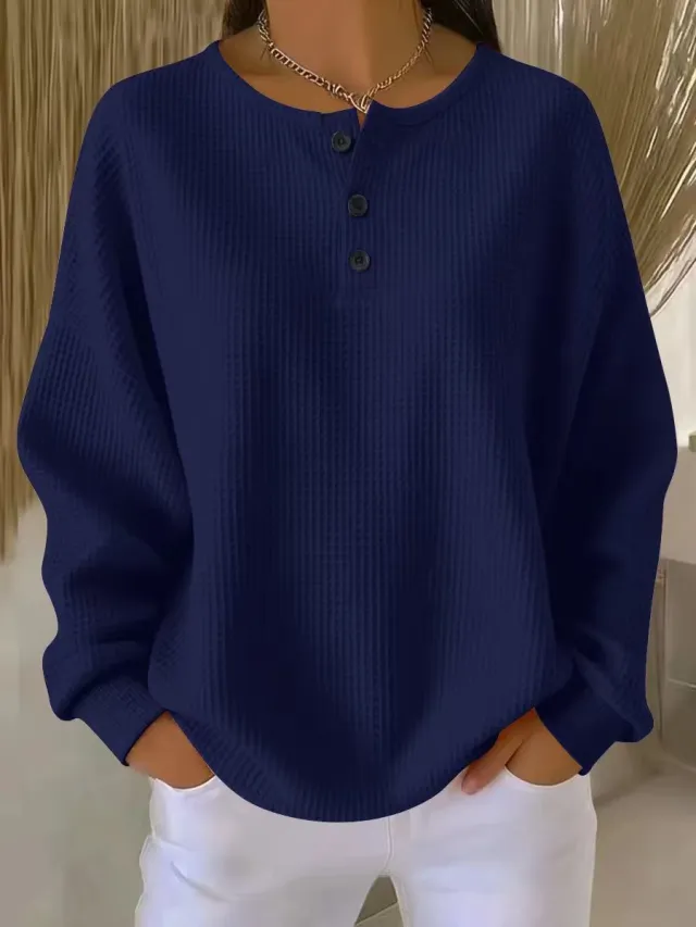 Ins Waffle Long sleeved T shirt Fashion Solid Color Buttons Round Neck Pullover Top Women's Clothing Dark Blue - Shop at LoveMi