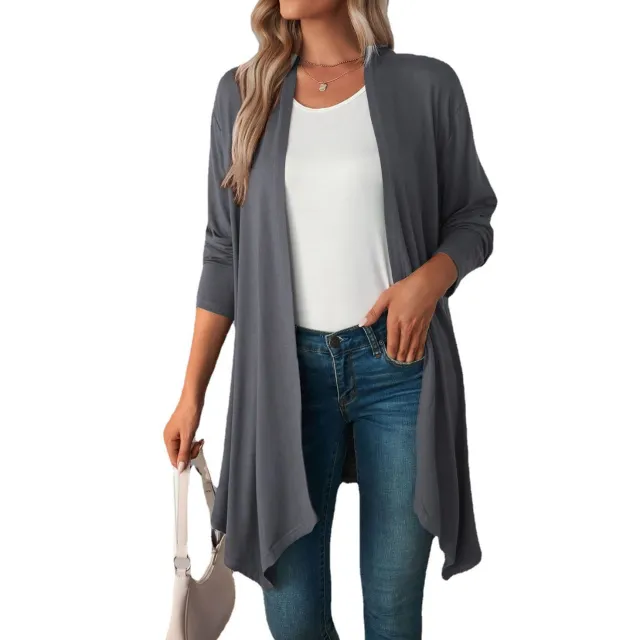 Solid Color Long Sleeve Cardigan Jacket Long Shirt Women Gray - Shop at LoveMi