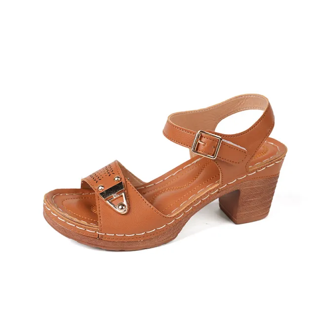 Face Buckle Chunky Heel High Heel Sandals Female Brown - Shop at LoveMi