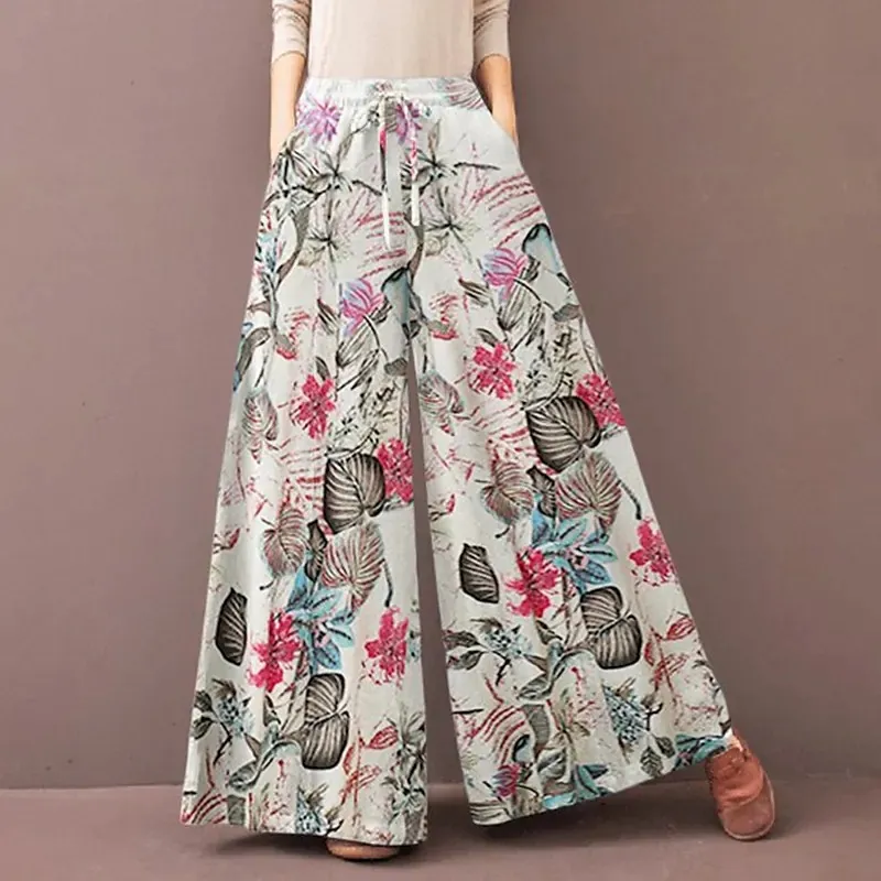 Women's Elastic Waist Casual Floral Wide-leg Pants - Red