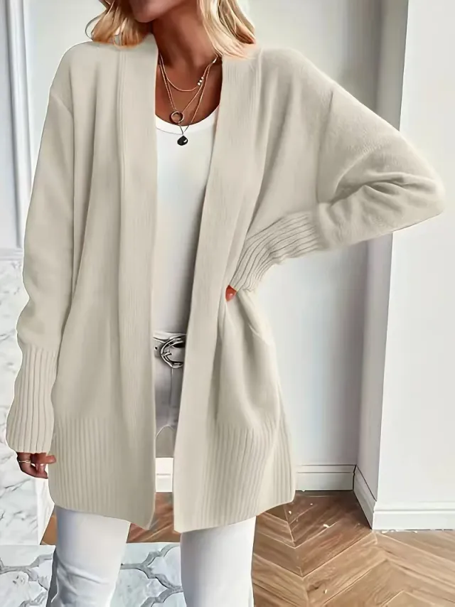 Plus Size Women's Solid Color Knit Casual Simple Cardigan Milky White - Shop at LoveMi