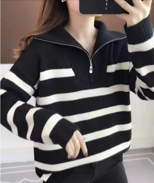 Women's Contrast Color Striped Sweater With Zipper Black - Shop at LoveMi
