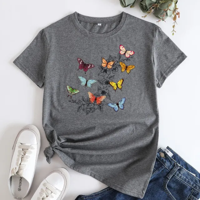 Butterfly Print Love Cotton Short sleeved T shirt For Women Gray - Shop at LoveMi