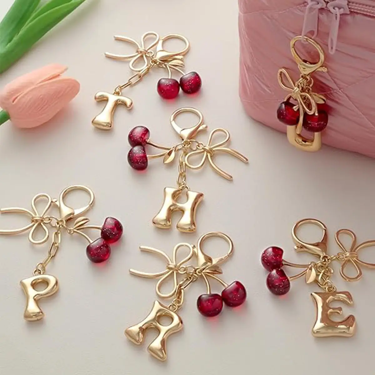 26-letter Keychain With A Bow And Cherry