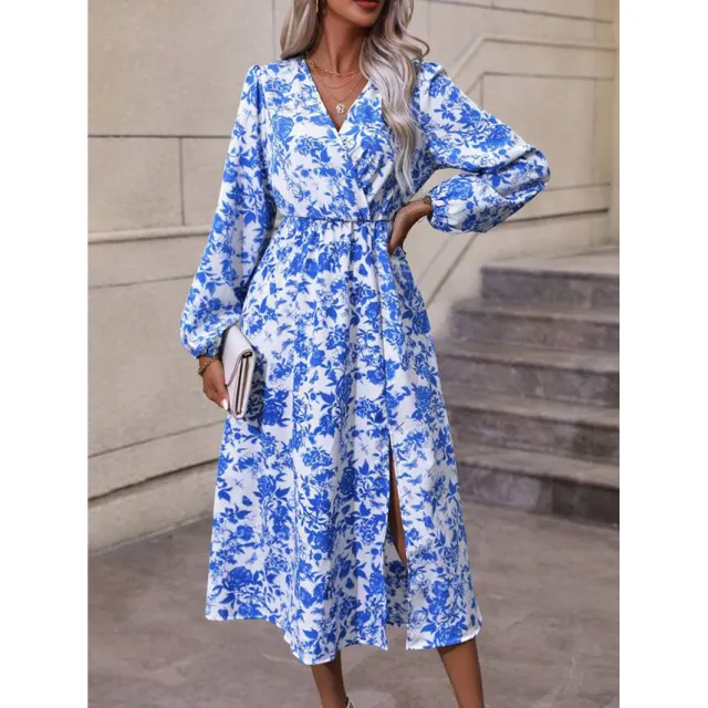 Floral Print Lantern Sleeve Slit Thigh Lace up Waist Blue - Shop at LoveMi