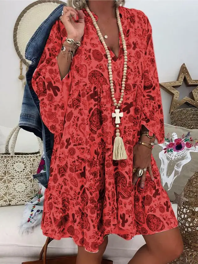 Printed Pointed Collar Button Ruffled Loose Dress Red - Shop at LoveMi
