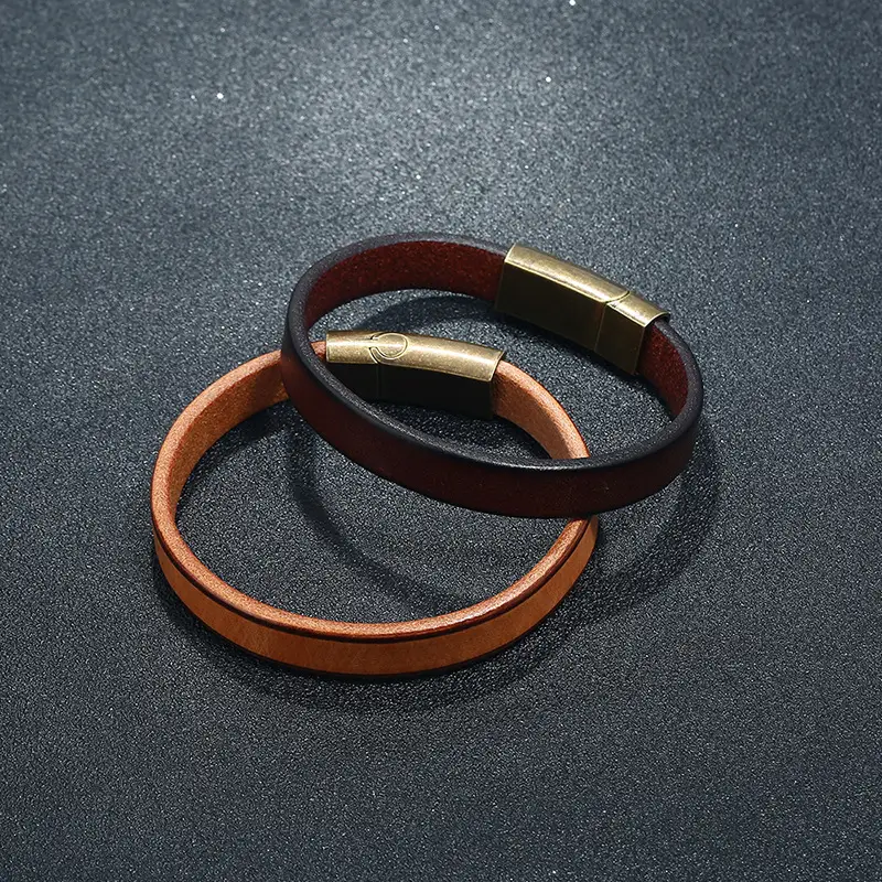 European And American Stylish Simple And Versatile Men's Cowhide Glossy Personality Stainless Steel Bracelet