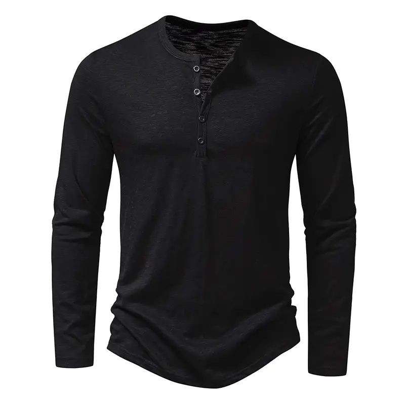 Men's Long-sleeved T-shirt Fashion Casual Solid Color Pullover Button Top Autumn