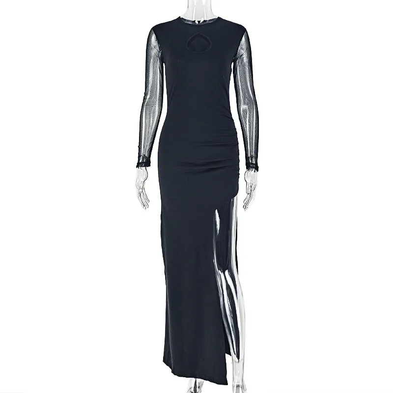 Round Neck Design Long Sleeve Trendy Dress - Black