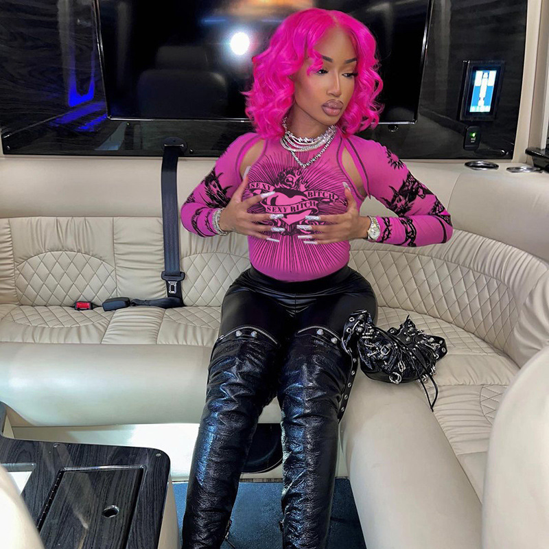 See-through Printed Top Fall Slim Fit Hollow-out Jumpsuit