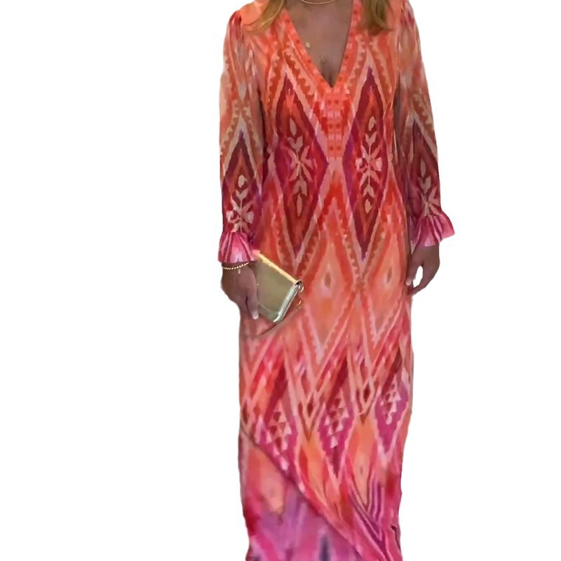 Printed Deep V Lantern Sleeve Printed Dress