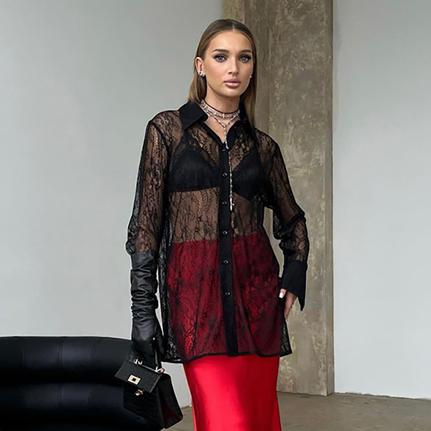 Fashionable See-through Black Lace Shirt For Women