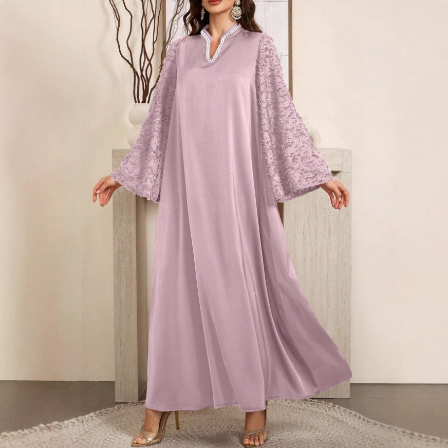 Elegant And Comfortable Long Gown With A Pearl-trimmed Collar - Image 2