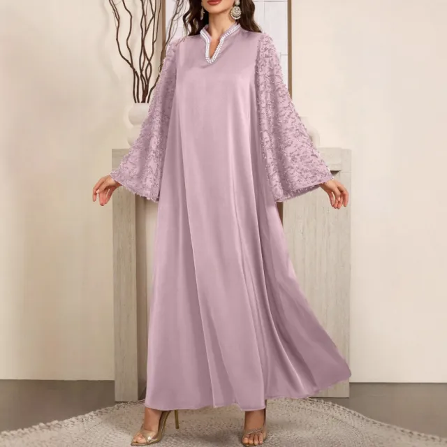 Elegant And Comfortable Long Gown With A Pearl trimmed Collar Lotus Root Color M - Shop at LoveMi