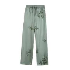Spring Summer Women's Wear Shirt Outfit Beads Decoration Top High Waist Pants - Green Pants - View 1