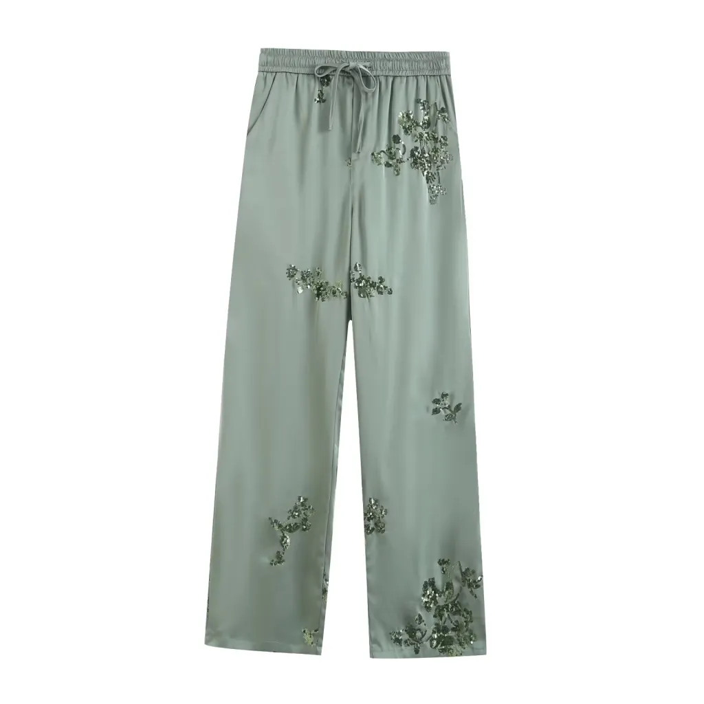 Spring Summer Women's Wear Shirt Outfit Beads Decoration Top High Waist Pants - Green Pants