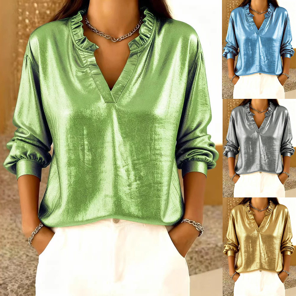 Womens Solid-Color Loose-Fit Long-Sleeve Shirt With A Stand Collar