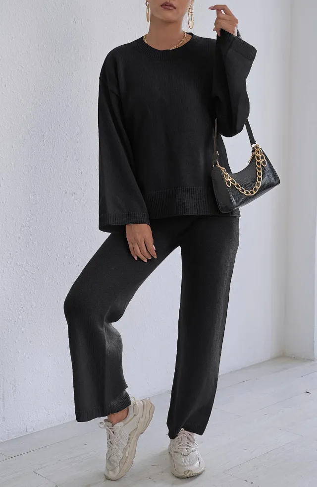 Loose Comfort And Casual Pullover Sweater Straight Wide Leg Pants Trousers Two piece Set Black Suit - Shop at LoveMi