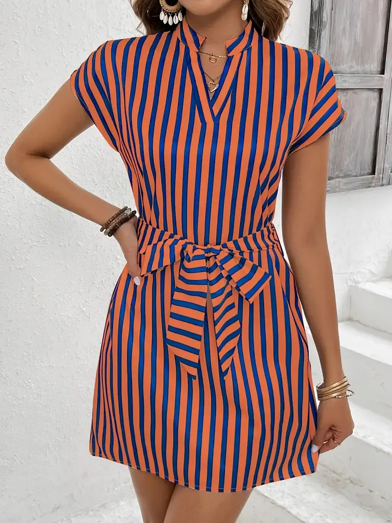Womens Stylish Sleeveless Striped Tie-up Dress - Red
