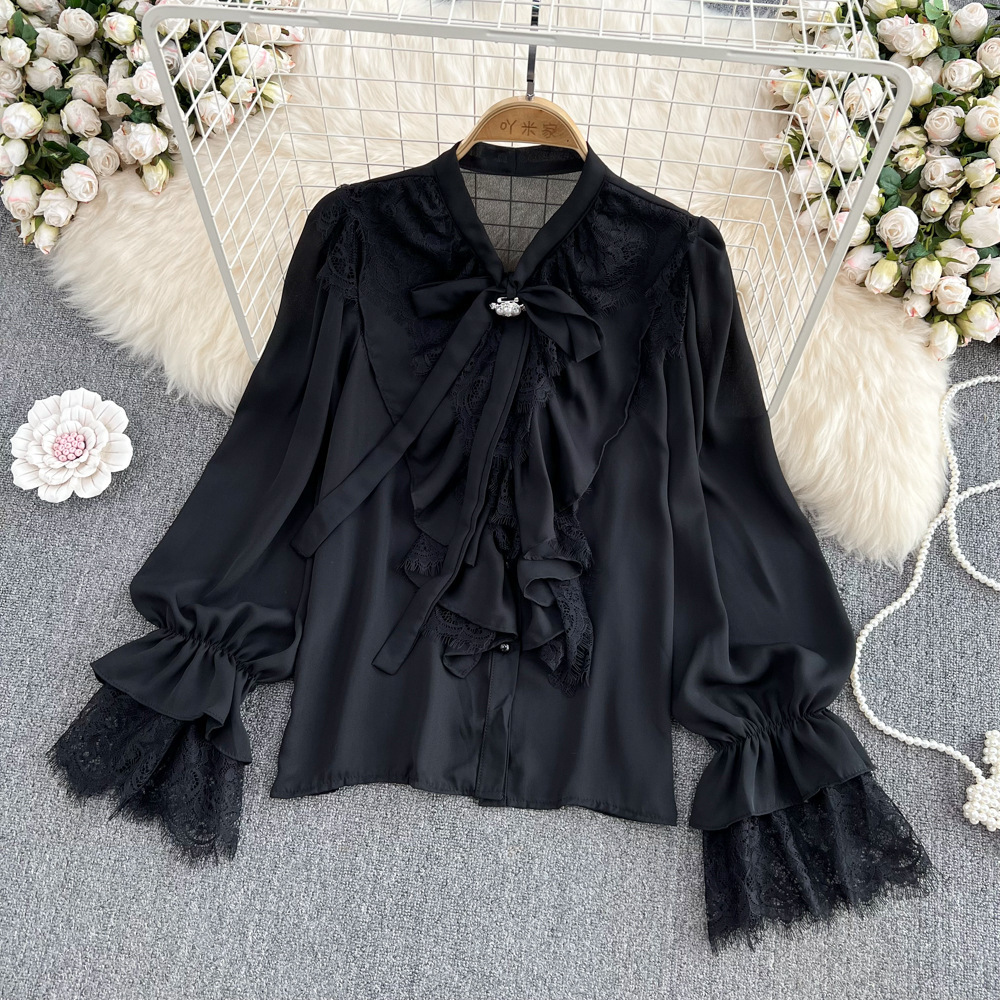 Womens Retro Elegant Loose-Fit Lace-Patch Flare-Sleeve Shirt - Image 6