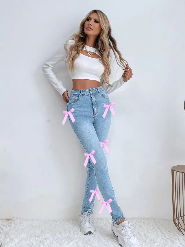 Women's Leggings Bow Stretch Jeans Blue - Shop at LoveMi