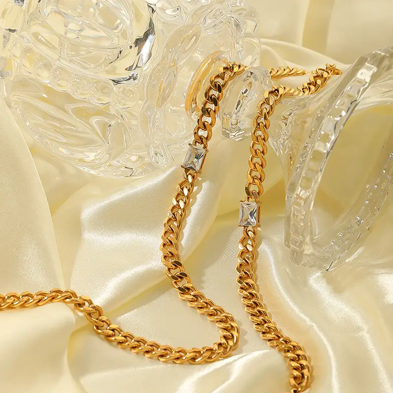 Stainless Steel Necklace Bracelet Jewelry Inlaid Rectangular Zircon 18K Gold Cuban Link Chain Necklace