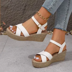 Wedge Women's Plus Size Peep Toe Buckle Platform Buckle Sandals White - Shop at LoveMi