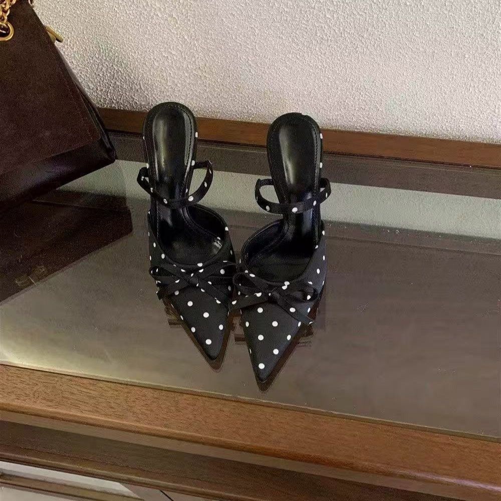 New Stylish Pointed-toe Polka-dot Slippers With A Bow Detail