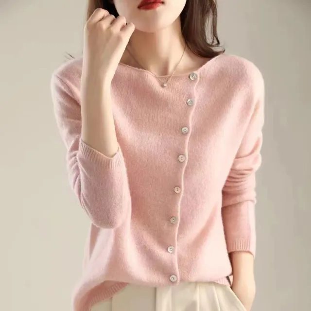 Single breasted Knitted Cardigan Design Low Round Neck Thin Outer Match Pink - Shop at LoveMi