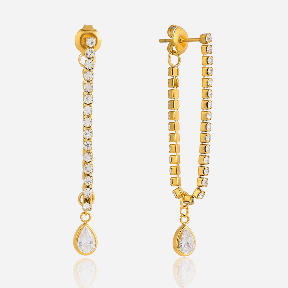 Stainless Steel 18K White Waterdrop-Shaped Zircon Stud Earrings With Tassels