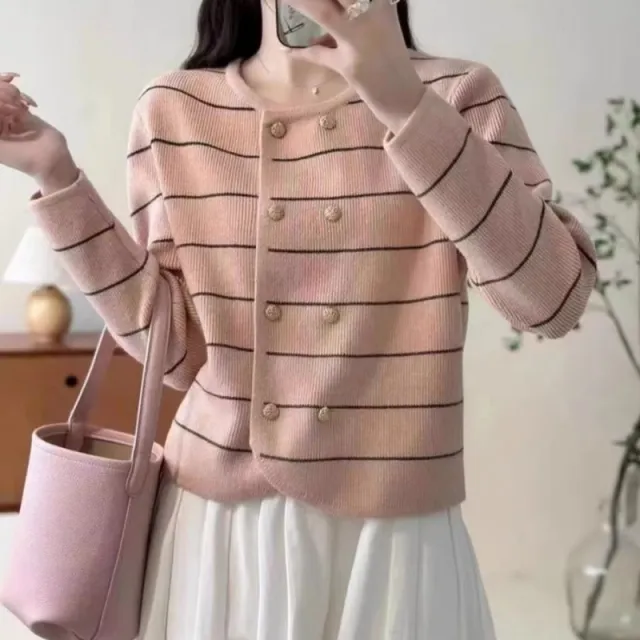 Double Breasted Western Style Classic Striped Color Collision Design Loose Round Neck Cardigan Pink - Shop at LoveMi