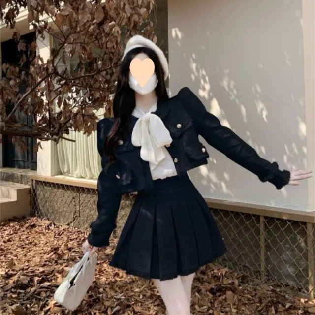 Chanel Style Suit Dress Two piece Set Female Autumn And Winter Elegant Socialite Black Pleated Skirt - Shop at LoveMi