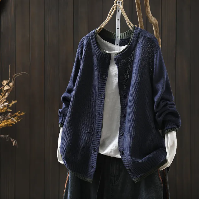 Women's Cardigan Sweater Coat Color Block Cotton Thread Knitting Retro Casual Blue - Shop at LoveMi
