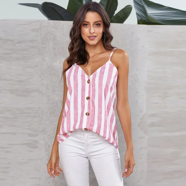 European And American New Striped Vest Women's T shirt V neck Single breasted Sling Red - Shop at LoveMi