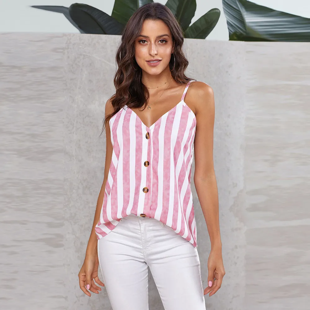 European And American New Striped Vest Women's T-shirt V-neck Single-breasted Sling - Red