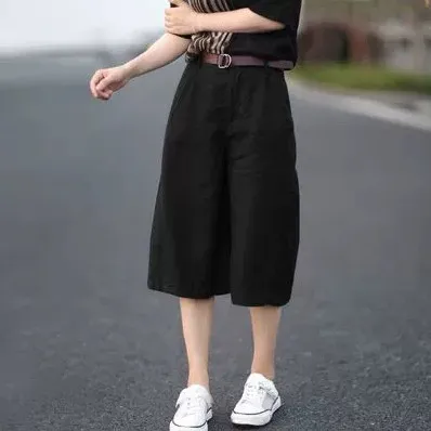 Casual Pants Baggy Oversized Cropped Pants Cotton Linen Cropped Pants Women's Slimming Linen Wide Leg Shorts Black - Shop at LoveMi